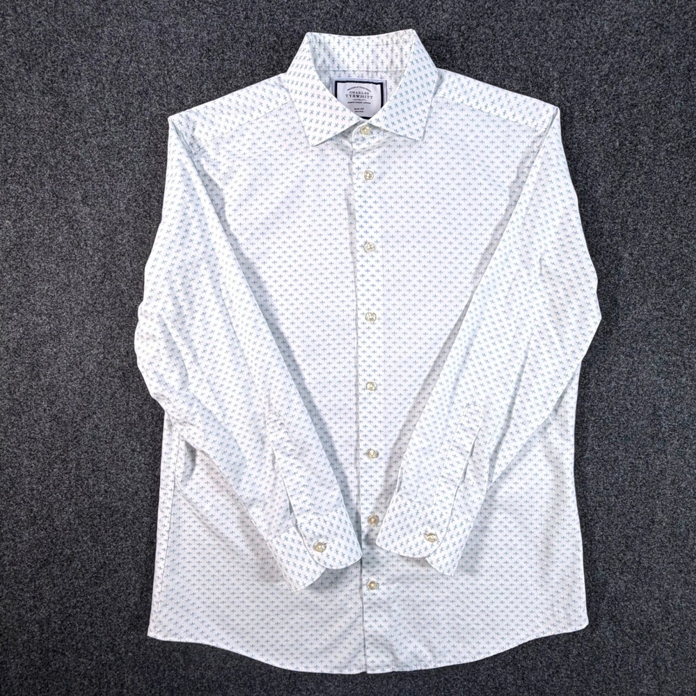Charles Tyrwhitt 16/33 Slim Fit Cotton Dragonfly Print Shirt White Blue